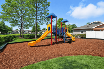 A playground with a yellow slide and a blue top.